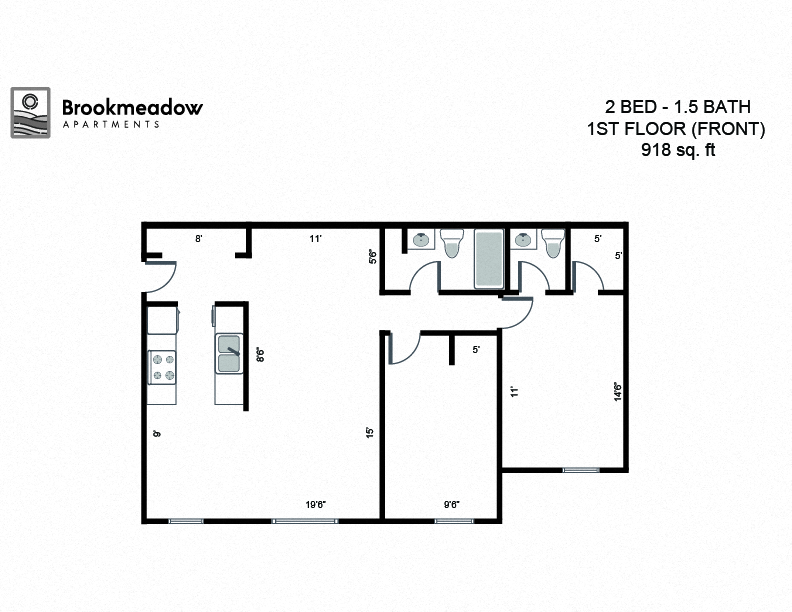 Floor plan for 2 beds, 1.5 baths, 918 sqft